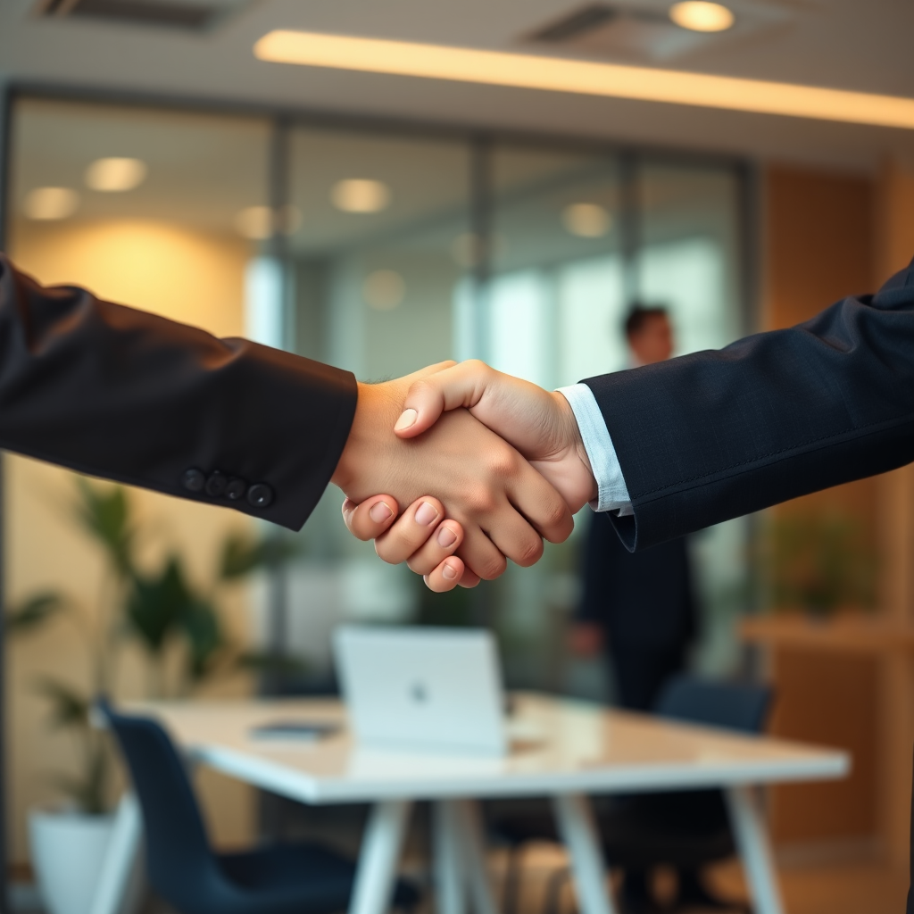 A 4K image depicting a handshake taking place with a blurred backdrop of an office environment. One hand is slightly above the other, showing support. Soft, warm lighting. The colors are professional and welcoming.