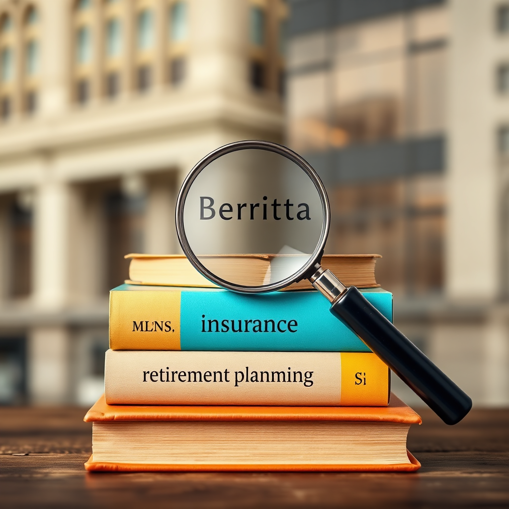 A 4K image depicting a stack of books, each representing a different aspect of finance (investment, insurance, retirement planning). A magnifying glass focuses on the top book, symbolizing Berritta Consulting's specialized expertise. The background is a blurred image of a financial district. The color palette consists of earthy tones and golds, conveying knowledge and experience.