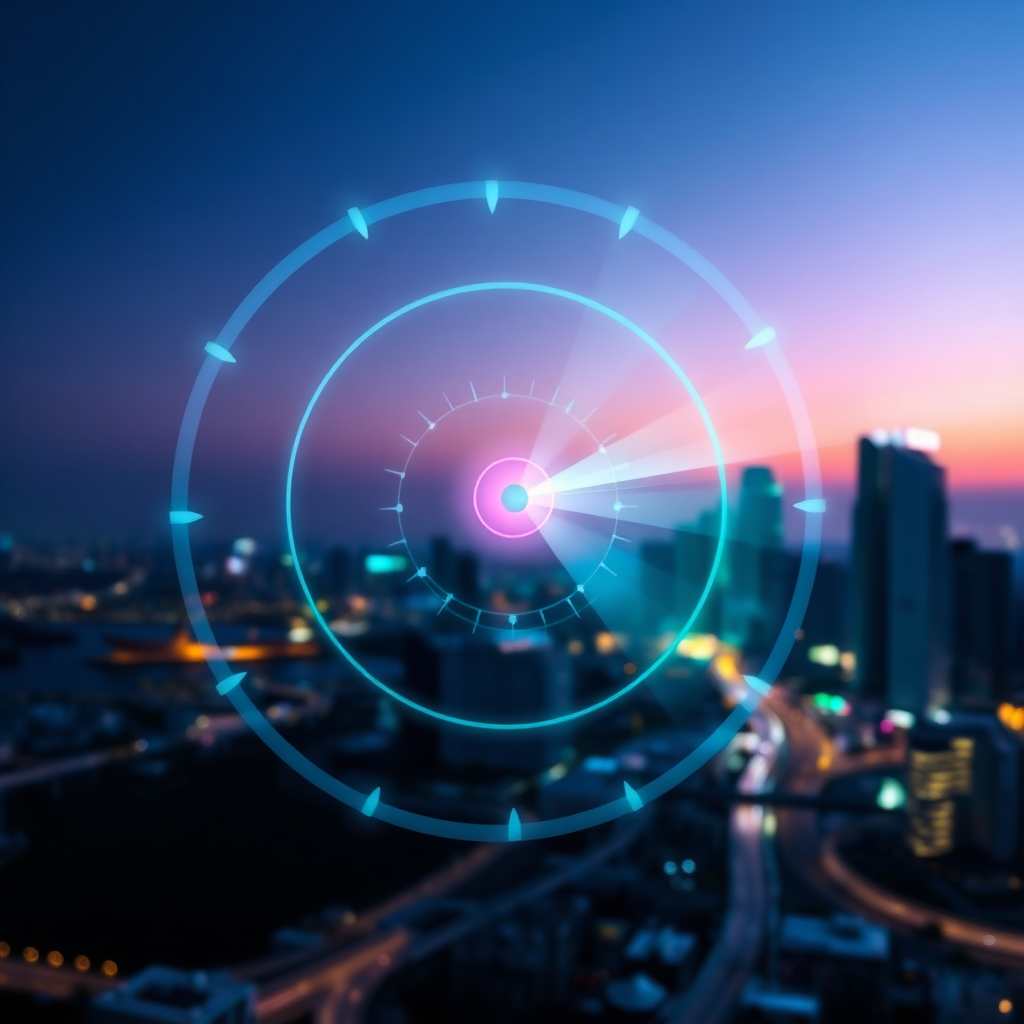 A 4K image featuring a stylized representation of a digital radar scanning a cityscape for top talent. The radar emanates waves of light, highlighting potential candidates with a subtle glow. The cityscape represents Australia's financial planning sector. The color palette uses a combination of blues, purples, and greens, symbolizing innovation and insight. Focus on the technological aspect of the image.