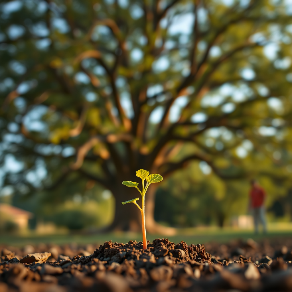A 4K image showing a growing seedling representing growth. In the background is a large tree. Lighting and color palette must be warm and inviting.