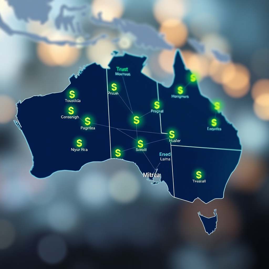 A photorealistic 4K image depicting a stylized map of Australia highlighting major cities and regional areas. Each city is represented by a small, glowing icon signifying a thriving financial planning firm. Lines connect these icons, showcasing the network. The color palette consists of deep blues and greens, conveying trust and growth. The background is slightly blurred, emphasizing the interconnectedness of the locations. Focus on detail and clarity.