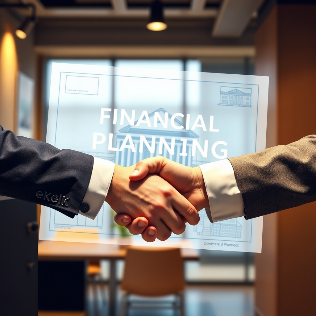 A photorealistic 4K image illustrating two professionals shaking hands over a digital blueprint of a Financial Planning firm. The blueprint is overlaid on a modern office environment. Warm, inviting lighting. The handshake symbolizes trust and partnership. Use of blues, greys, and gold in the color palette. Focus on the expressions of trust and collaboration.